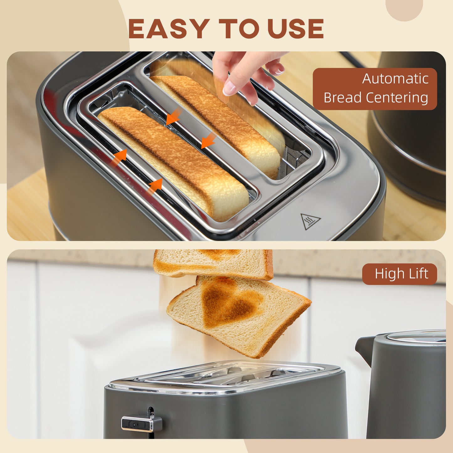 Kettle and Toaster Set, 1.7L 3000W Fast Boil Kettle & 2 Slice Toaster Kitchen Set with 6 Level Browning Controls, Defrost