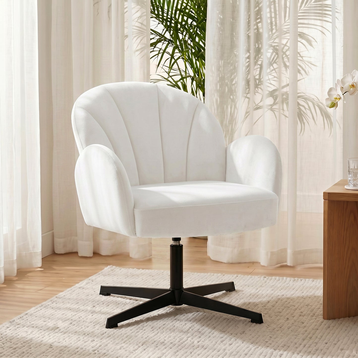 Swivel Accent Chair, Shell-Shaped Armchair with Spring Cushion, Metal Base, Cream White