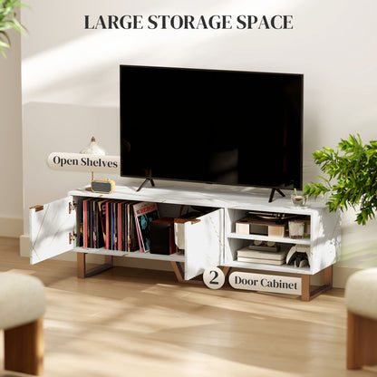 Marble Effect TV Unit, Modern TV Stand Cabinet for up to 70" TVs, with Shelves and Storage Cupboard, Fluted Door