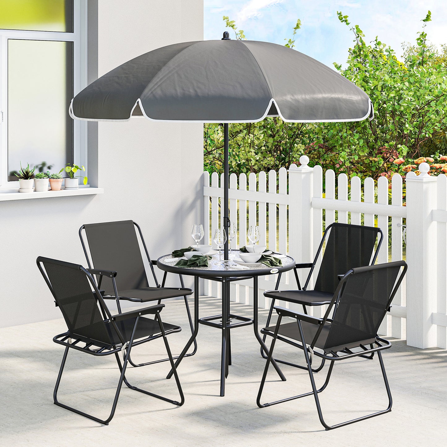 4 Seater Garden Furniture Set, 6 Pieces Garden Table and Chairs with Parasol for Patio, Black