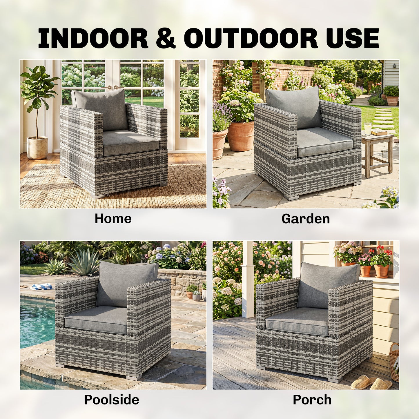 Single Seater Rattan Chair Sofa with Padded Cushions, All-Weather PE Wicker Weave Garden Armchair with Armrests, Grey