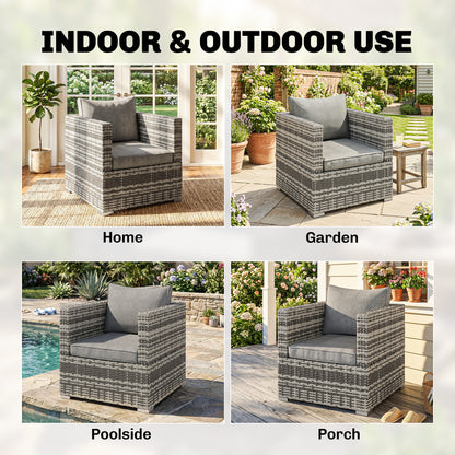 Single Seater Rattan Chair Sofa with Padded Cushions, All-Weather PE Wicker Weave Garden Armchair with Armrests, Grey