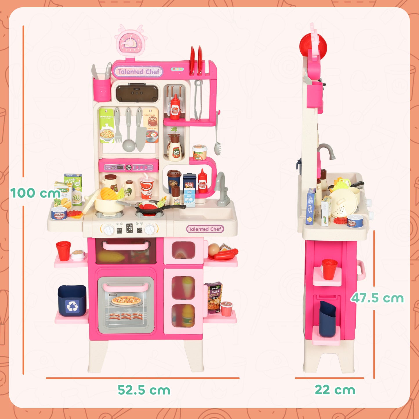 Pretend Play Kitchen Set with Realistic Lights & Sounds, 104PCS Toy Kitchen Accessories for Boys and Girls, Pink