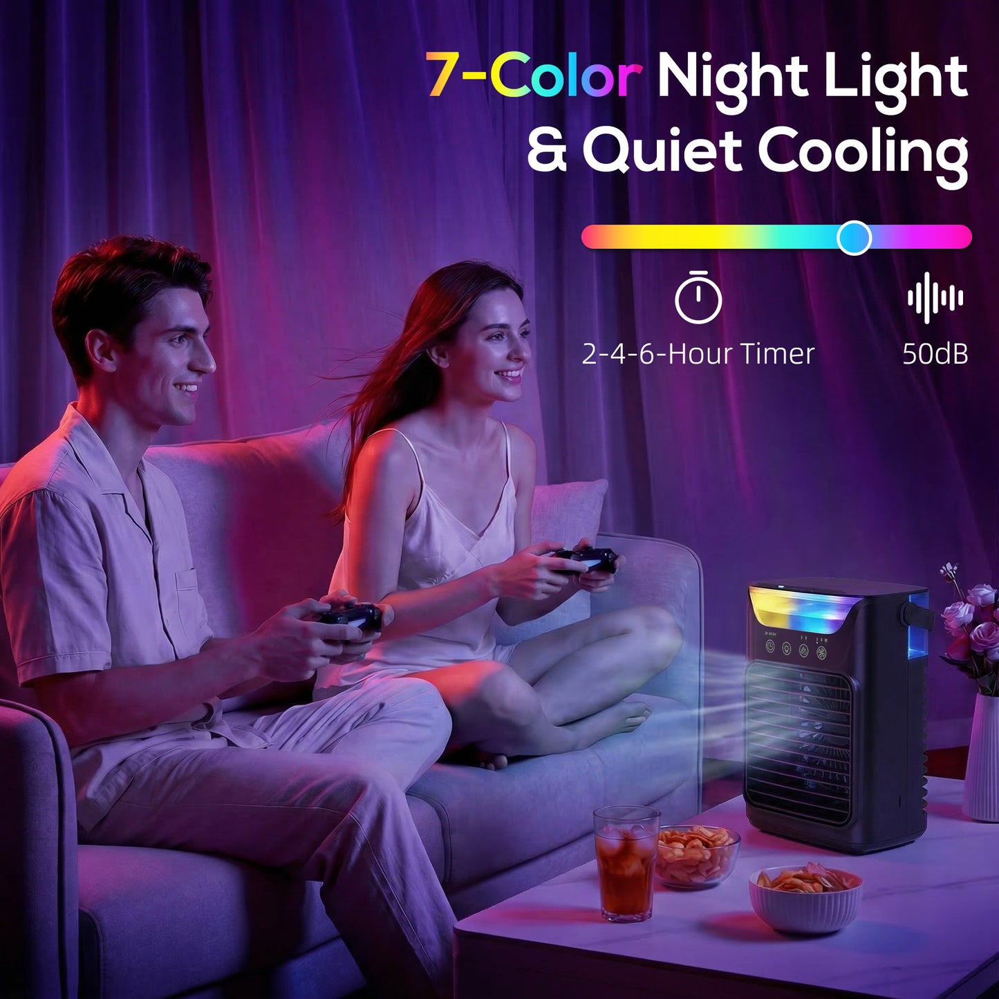 Air Cooler with Adjustable Head, Portable Air Conditioner with 3 Wind Speed, 2 Cool Mist, RGB Light, Black