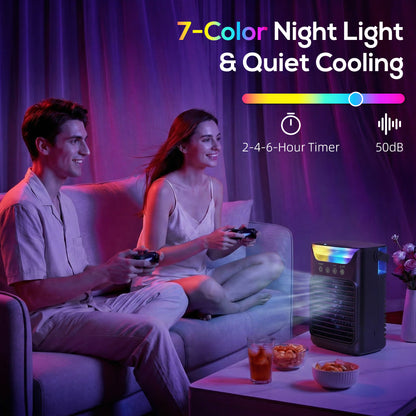 Air Cooler with Adjustable Head, Portable Air Conditioner with 3 Wind Speed, 2 Cool Mist, RGB Light, Black