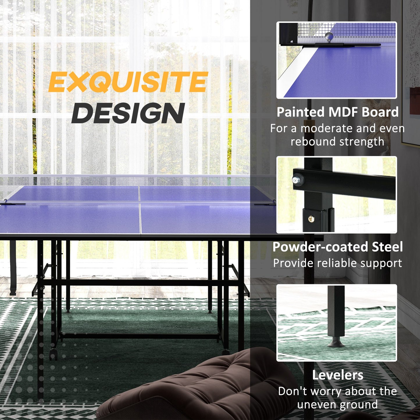 9FT Folding Table Tennis Table with Four Wheels, for Indoor Use, Blue