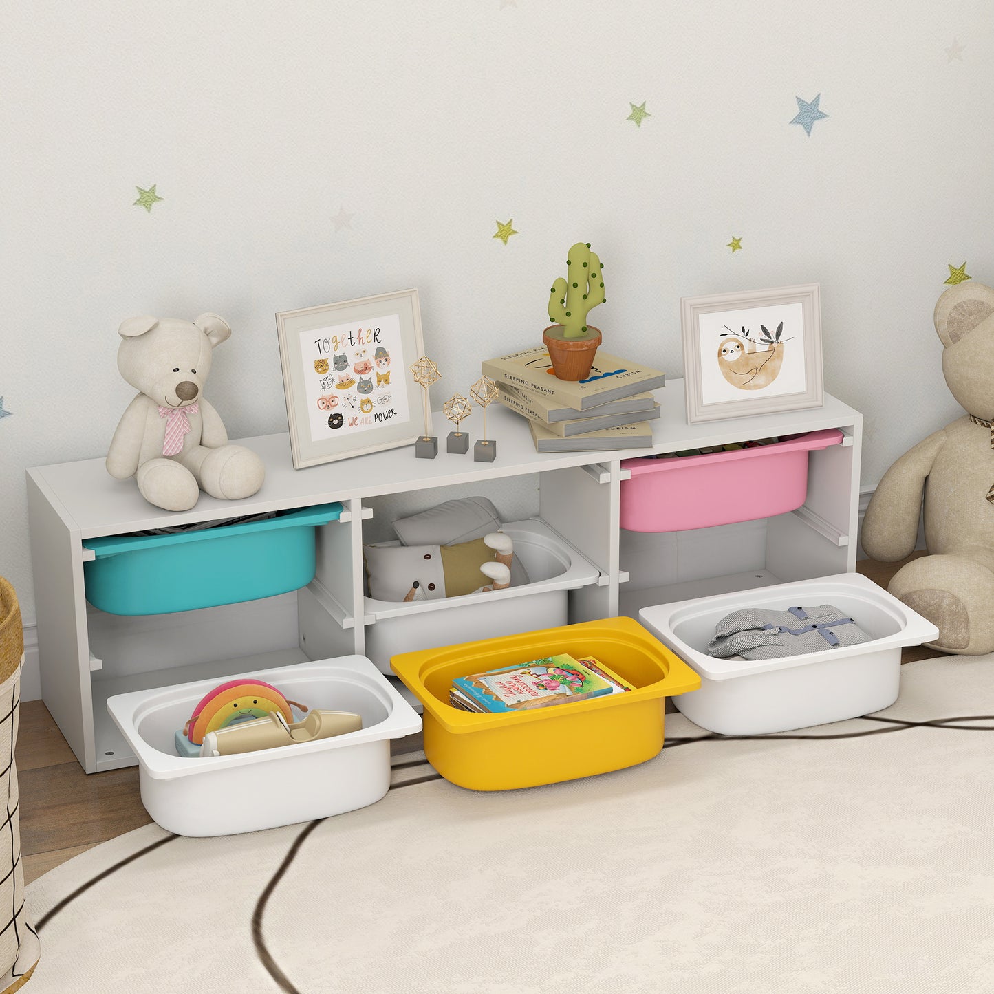Low Height 2 Tiers Storage Organiser, Kids Toy Storage Unit with 6 Removable Bins for Bedroom, Nursery, Playroom