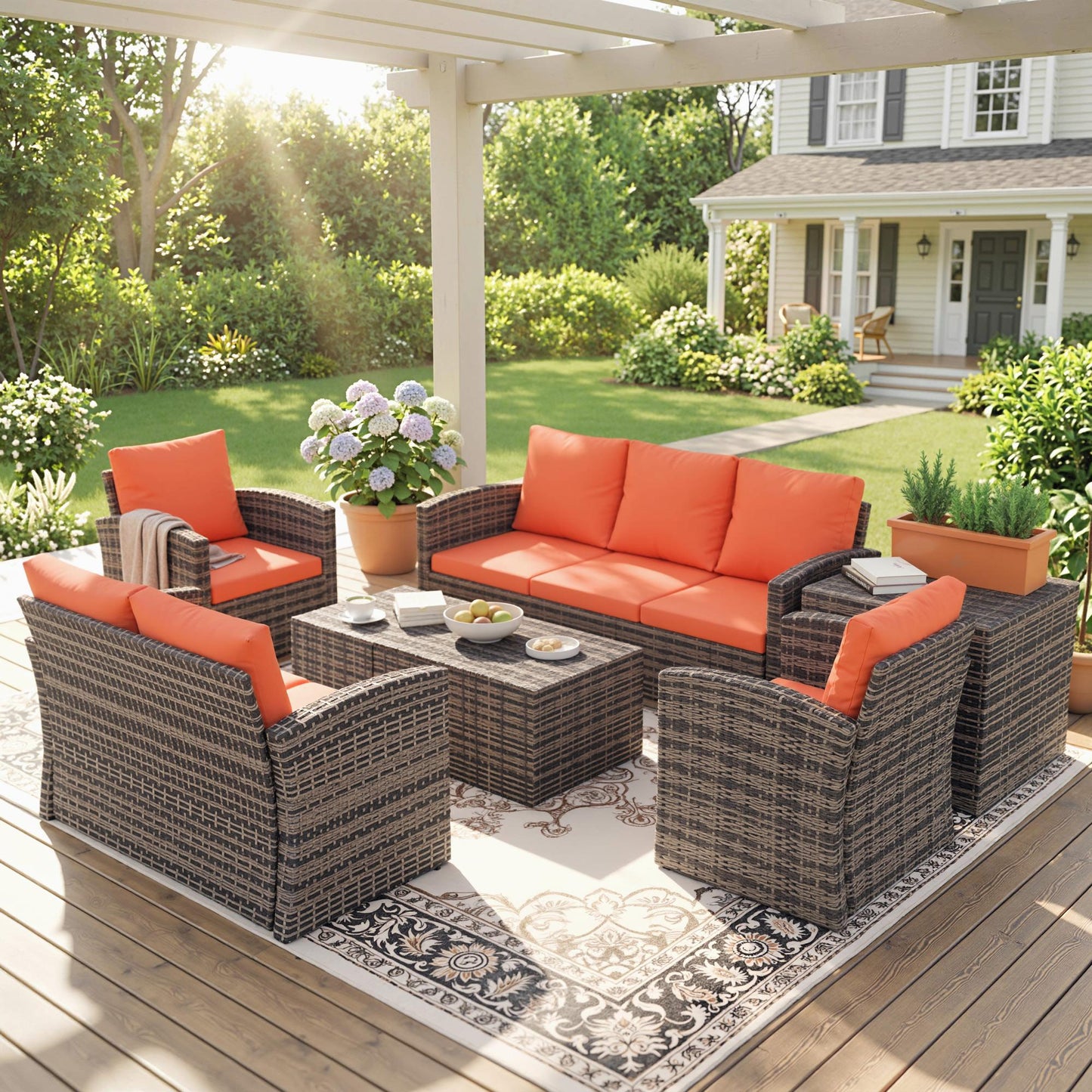 6 Pieces Rattan Garden Furniture Set, 7 Seater Wicker Outdoor Furniture Set with Storage Tea Table & Side Table