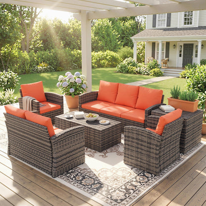 6 Pieces Rattan Garden Furniture Set, 7 Seater Wicker Outdoor Furniture Set with Storage Tea Table & Side Table