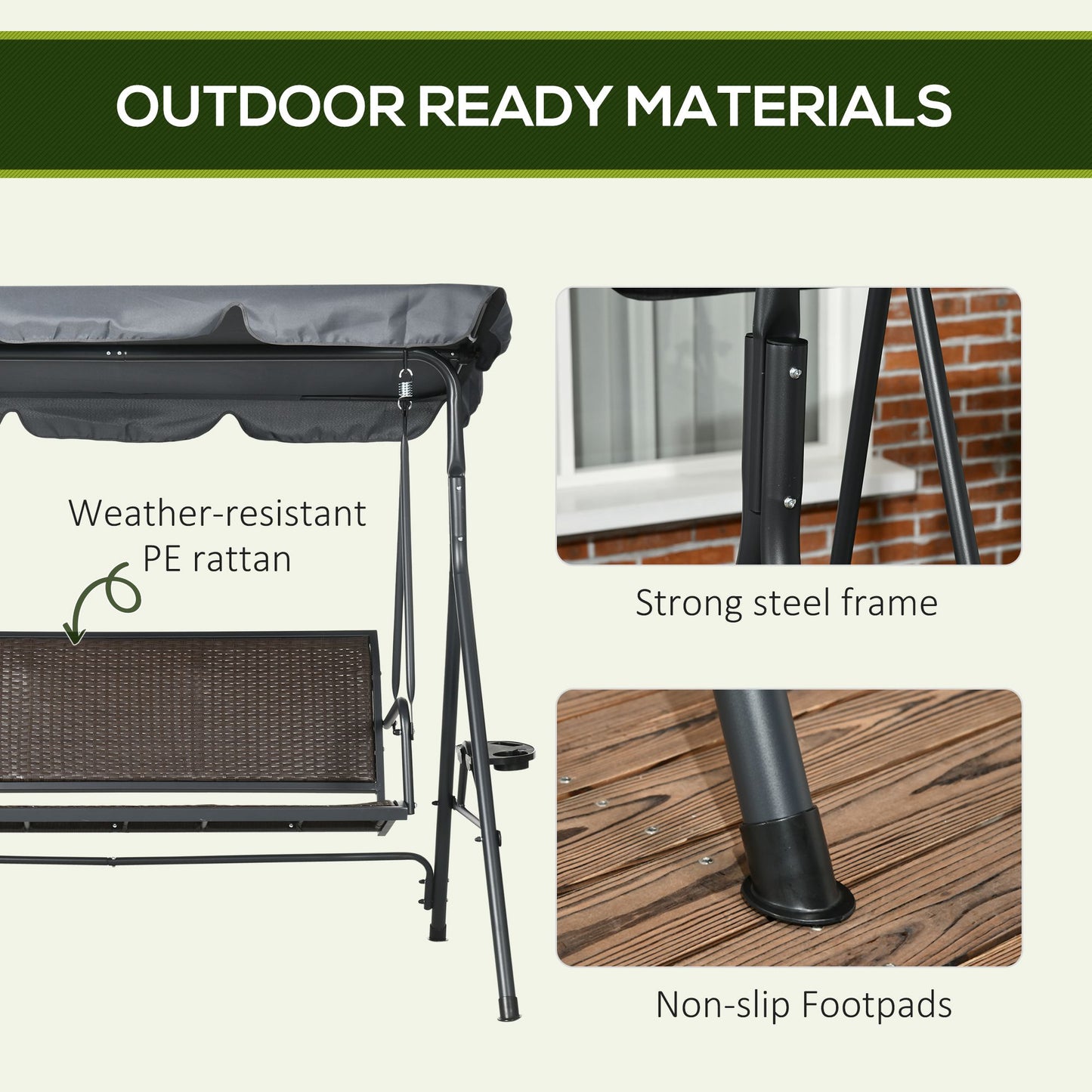 3 Seater Swing Chair, Garden Swing Seat Bench with Adjustable Canopy, Rattan Seat and Steel Frame for Patio, Yard, Dark Grey