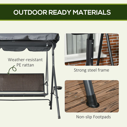 3 Seater Swing Chair, Garden Swing Seat Bench with Adjustable Canopy, Rattan Seat and Steel Frame for Patio, Yard, Dark Grey