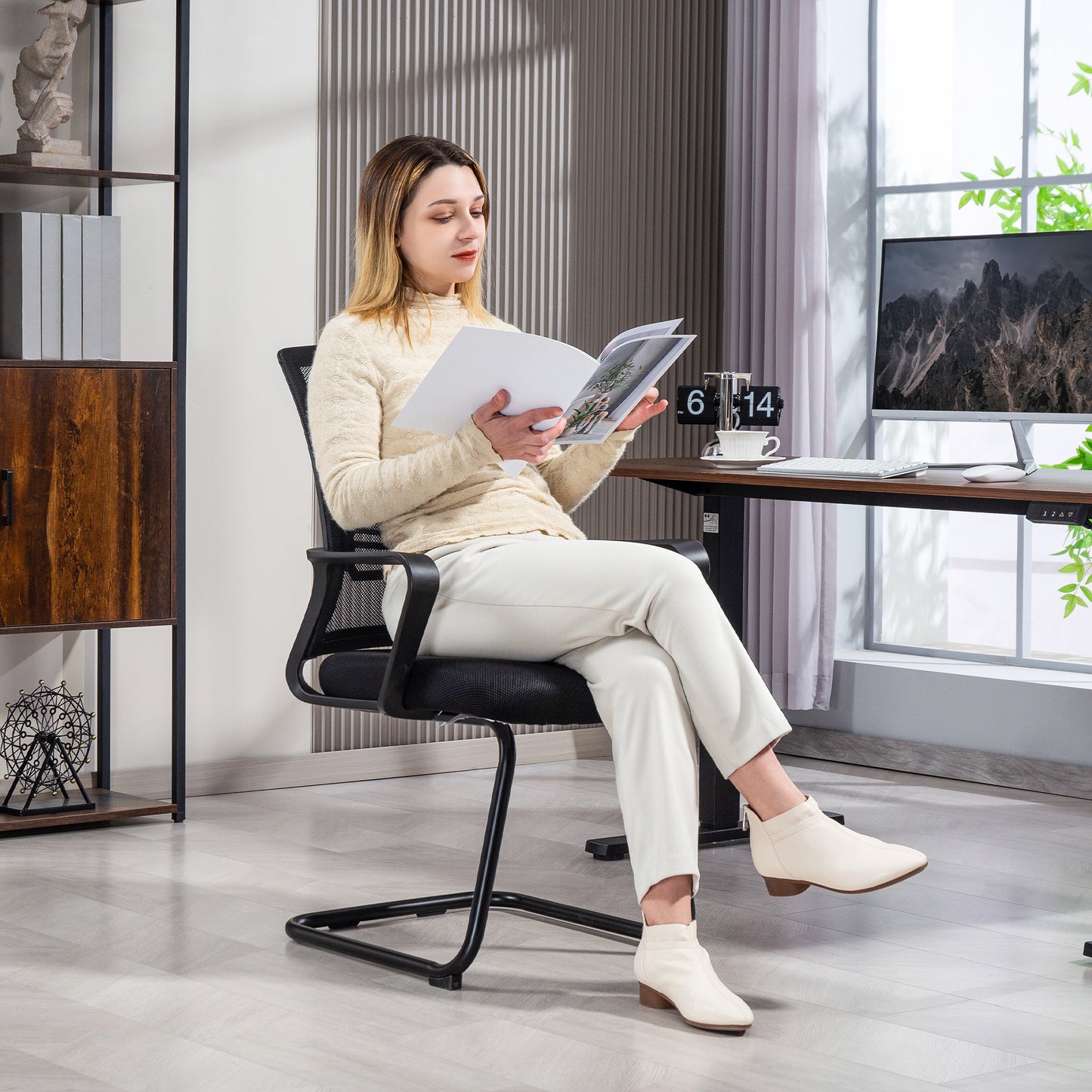Ergonomic Desk Chair No Wheels, Padded Meeting Office Chair with Sled Base for Bedroom, Waiting, Reception, Black
