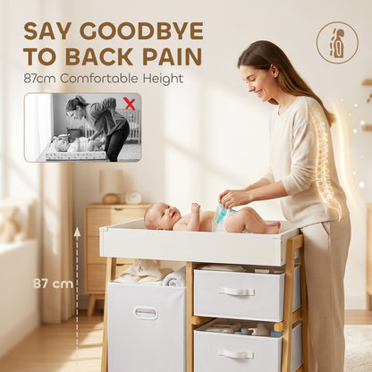 Baby Changing Table, Baby Changing Unit with 3 Drawers, Large Basket and Waterproof Pad for Bedroom Nursery, White