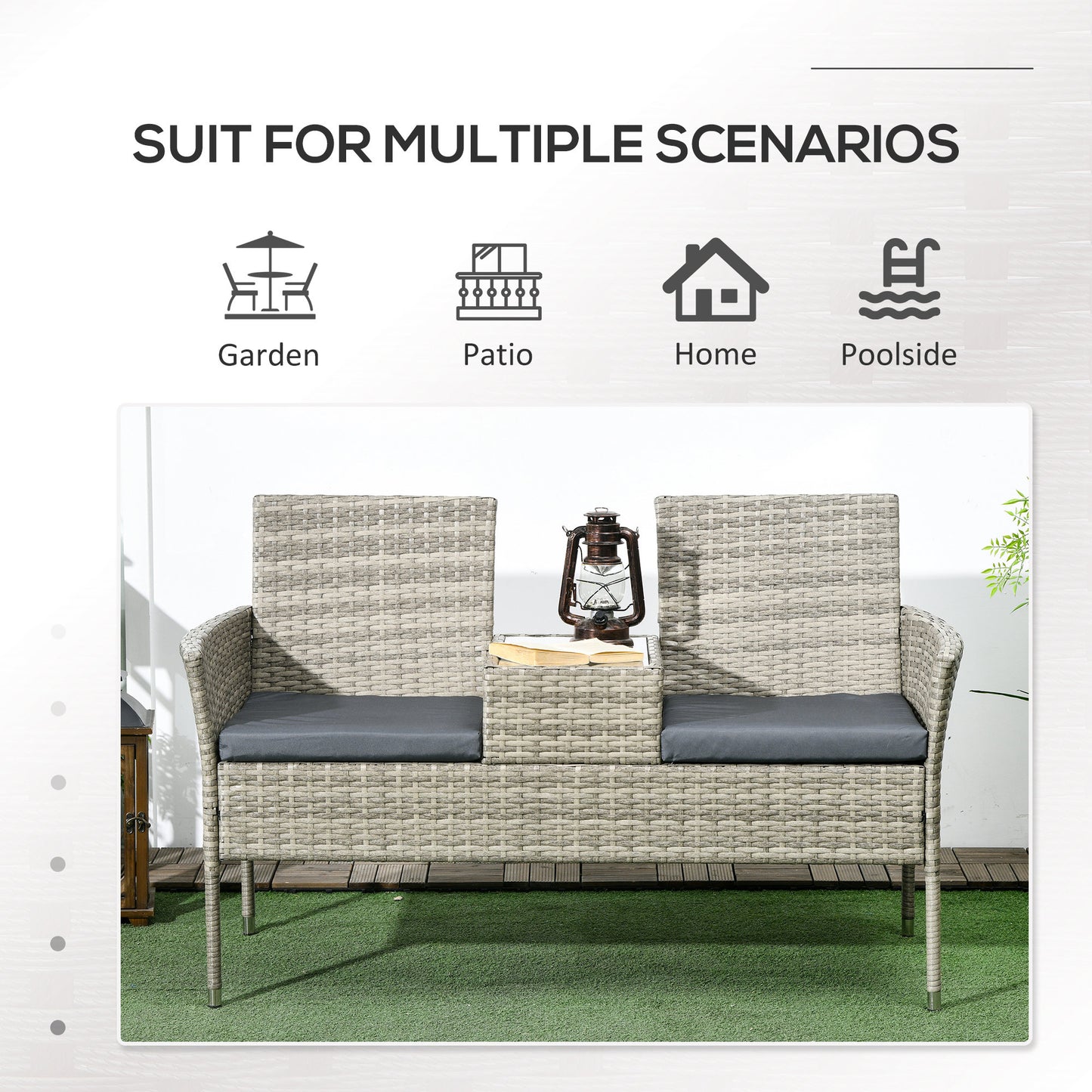 Two-Seat Rattan Chair, with Middle Table - Light Grey