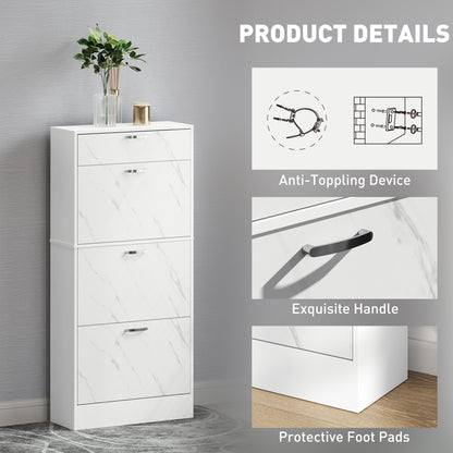 Marble Shoe Storage Cabinet with 3 Flip Drawers, Hallway Cabinet with Top Drawer and Adjustable Shelves