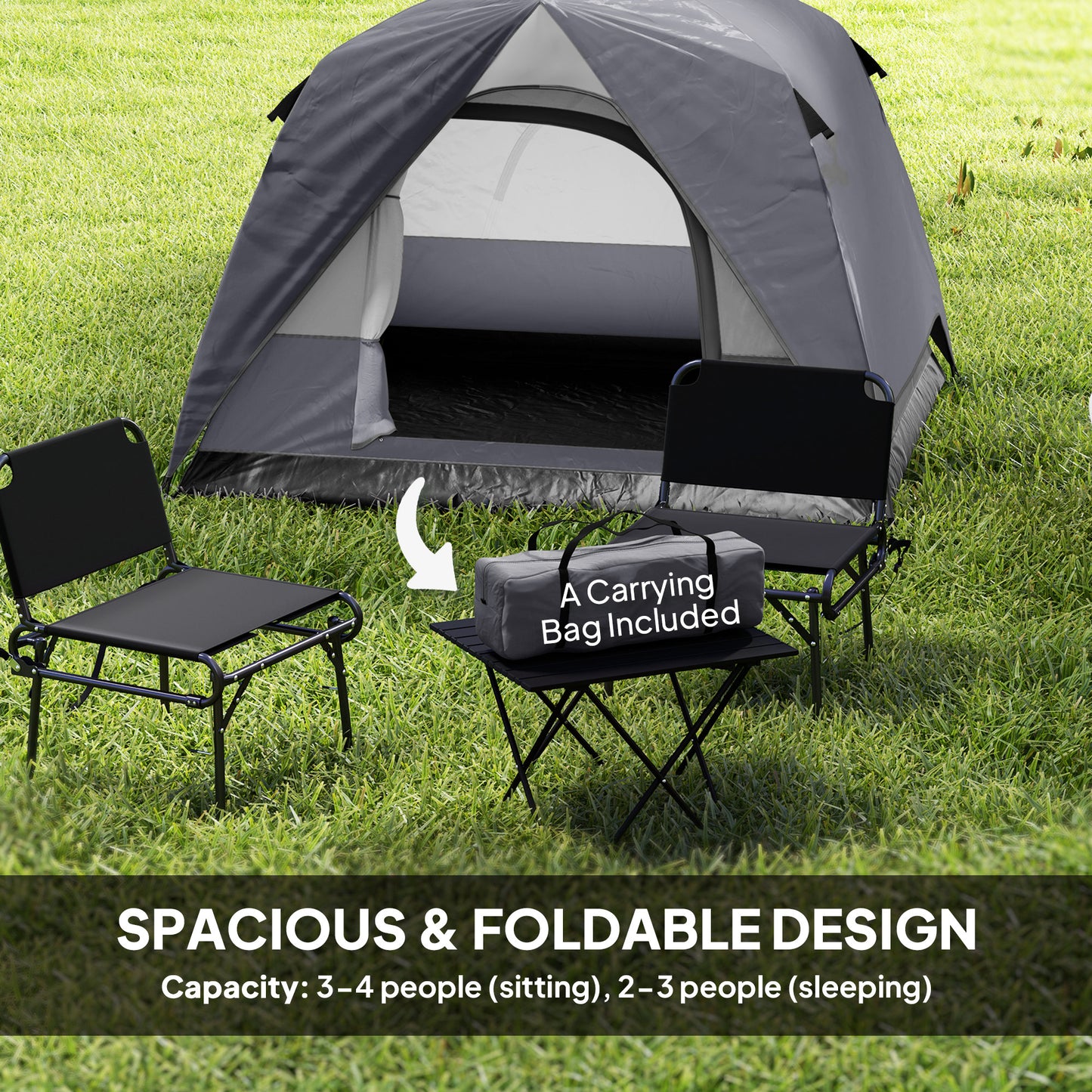 3-4 Person Camping Tent, Easy Set Up 3-4 Man Tent w/ Sewn-in Groundsheet, Waterproof Dome Tent w/ Mesh Windows, Grey