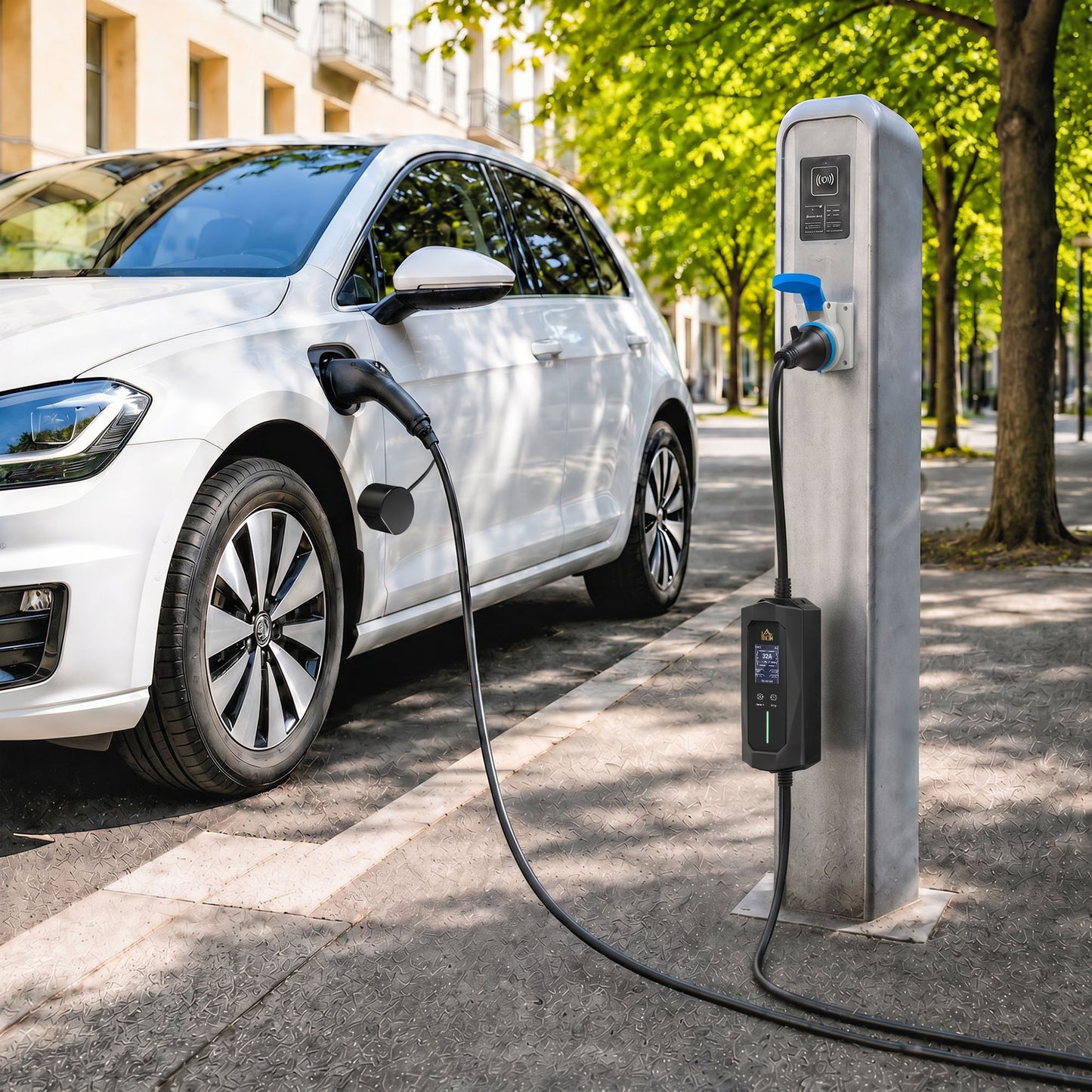 EV Charger 7kW Type 2 to CEE 32A Plug with UK Adapter, 10 m, 6-32A, Electric Car Charger w/ 1-12 h Time Delay