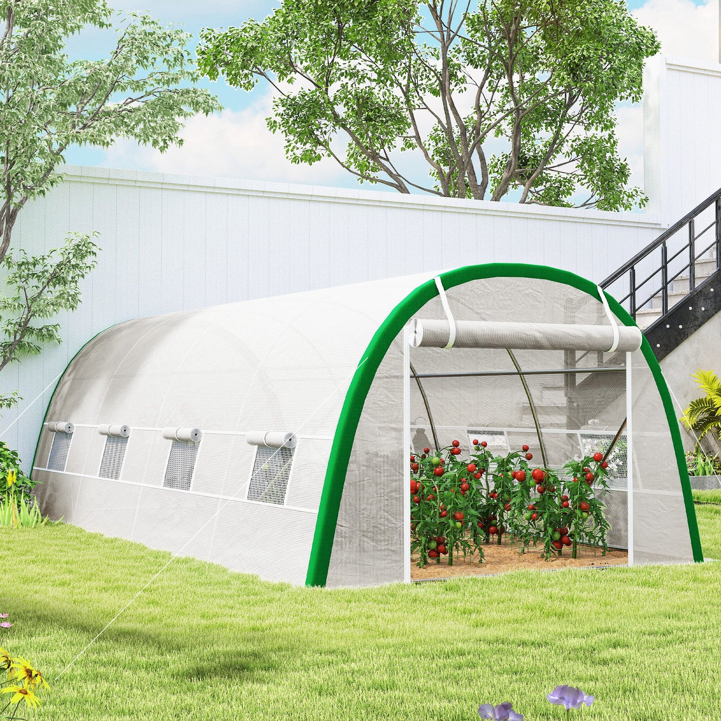 Walk-in Polytunnel Greenhouse Tunnel Warm House Tent with Zipped Doors, 8 Mesh Windows, PE Cover, 6 x 3 m, White