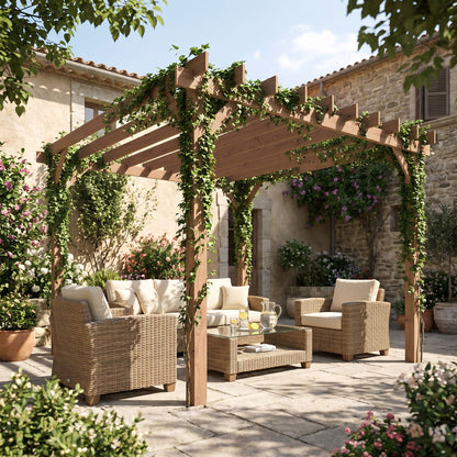 3 x 3 m Wooden Pergola Kit, Garden Pergola Gazebo Grape Trellis with Triangle Supports, Maple Wood-effect