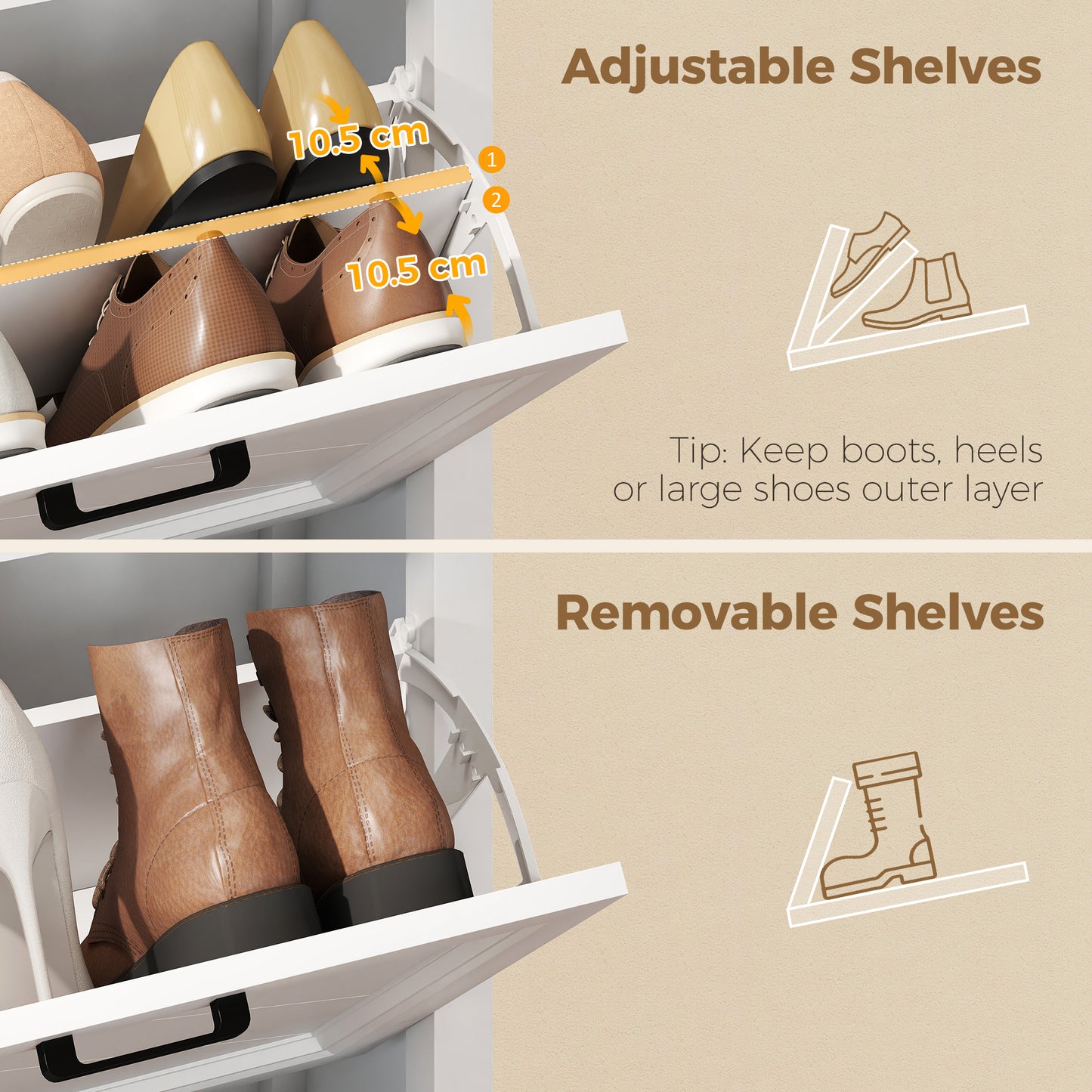 Shoe Cabinet with 2 Flip Drawers, Farmhouse Narrow Shoe Storage Cabinet with Adjustable Shelves, White