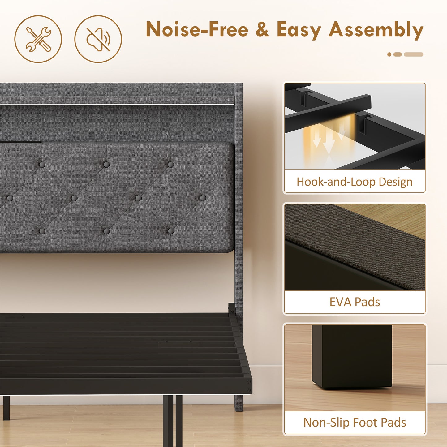 Floating Bed Frame, Upholstered 4ft6 Double Size Bed, Platform Bed with RGB LED Lights and Charging Station, Grey