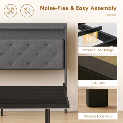 Floating Bed Frame, Upholstered 4ft6 Double Size Bed, Platform Bed with RGB LED Lights and Charging Station, Grey