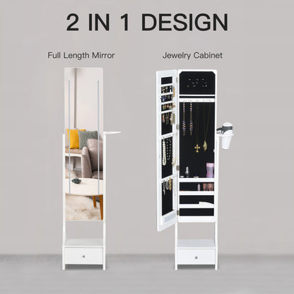 Jewellery Cabinet, Full Length Mirror with Storage, Free Standing Mirror with LED Lights, Hooks