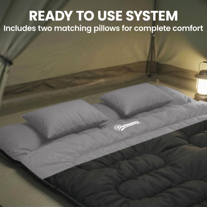 Double Sleeping Bag with 2 Pillows, 220 x 160 cm Extra-Large Sleeping Bag for Adults, Black and Grey