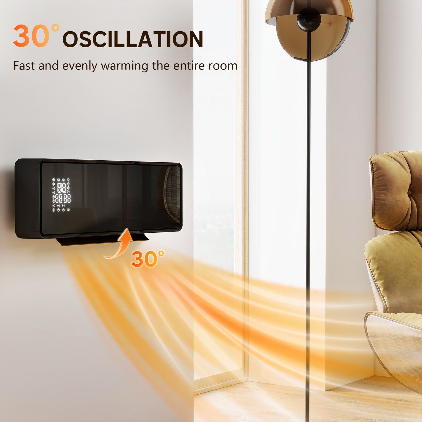 2000W Ceramic Electric Heater with Fan, Adjustable Thermostat, Wall Mounted - Black