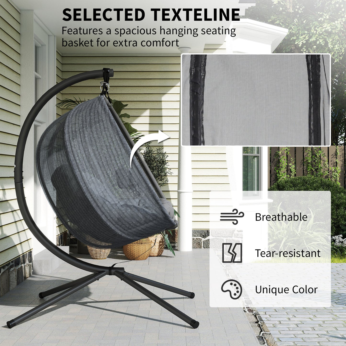 Double Hanging Egg Chair 2 Seaters Texteline Swing Hammock Chair with Folding Design, Grey