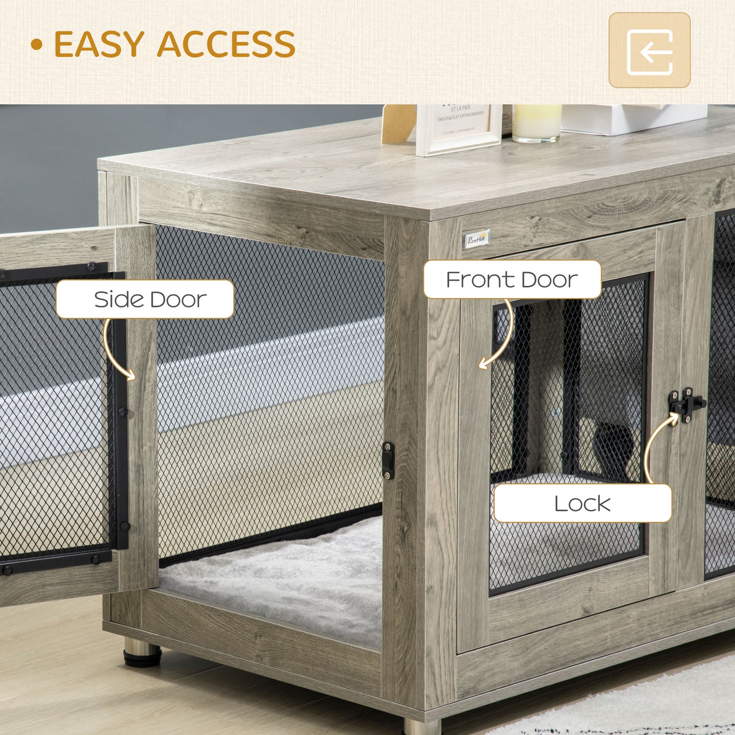 2-in-1 Dog Cage & Side Table, with Two Doors, Cushion, for Large Dogs