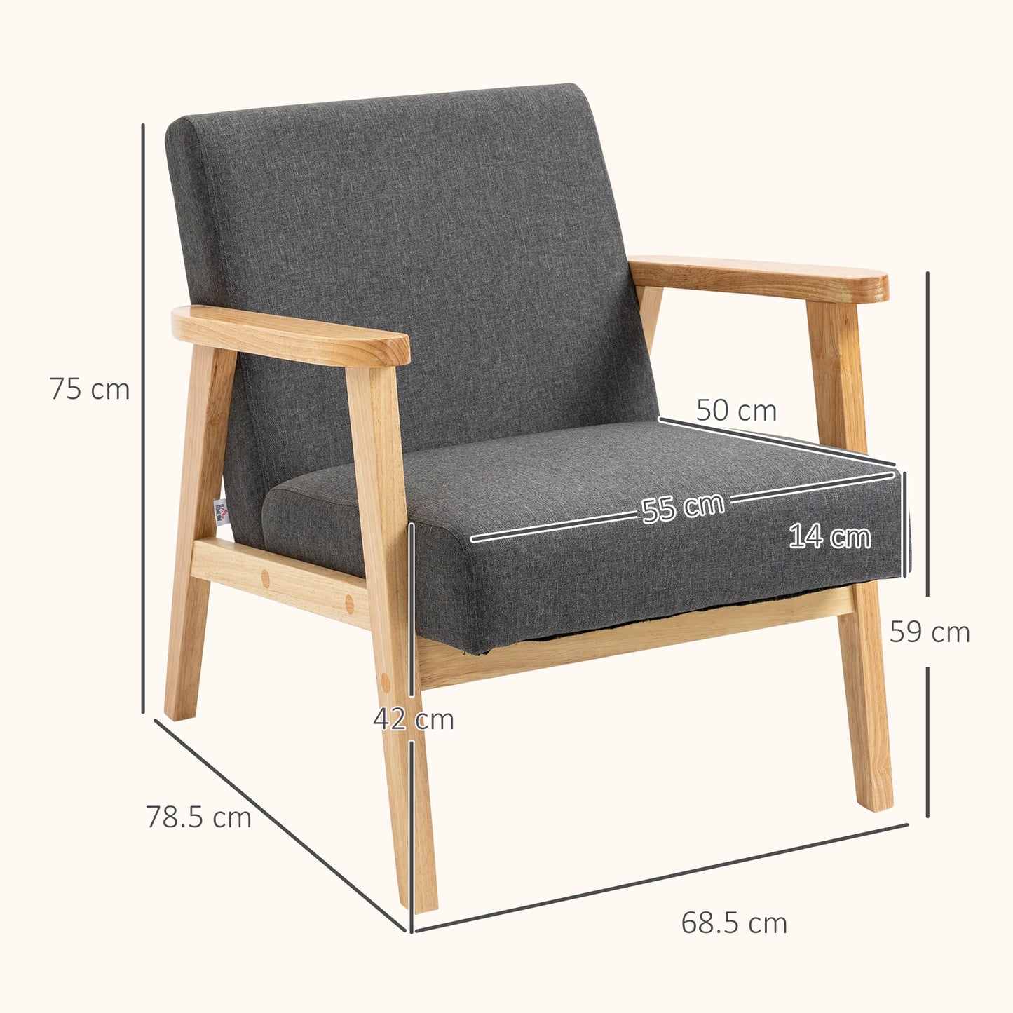 Fabric Accent Chair for Living Room, Arm Chair with Rubber Wood Frame and Padded Cushion, Dark Grey