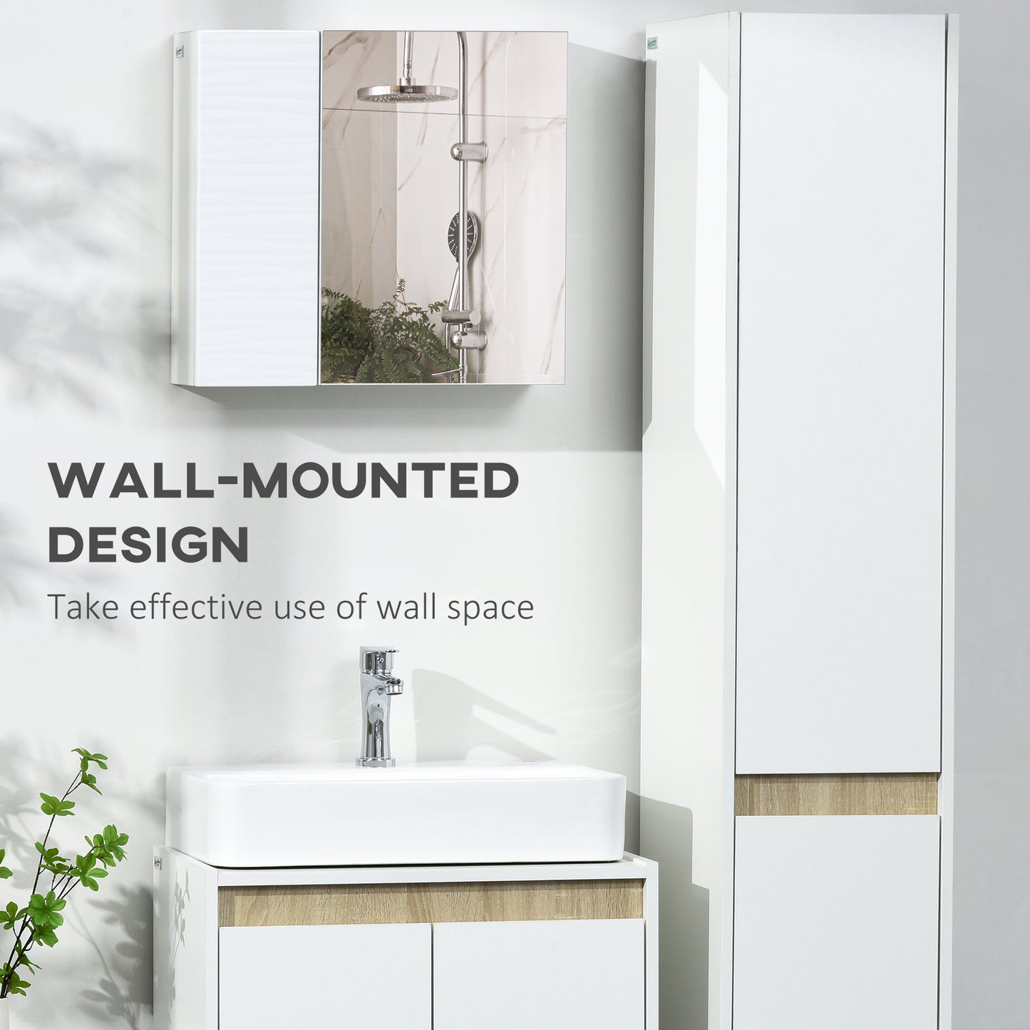 Bathroom Cabinet with Mirror, Double Door Wall Mounted Storage Cupboard Organizer with Adjustable Shelves, White