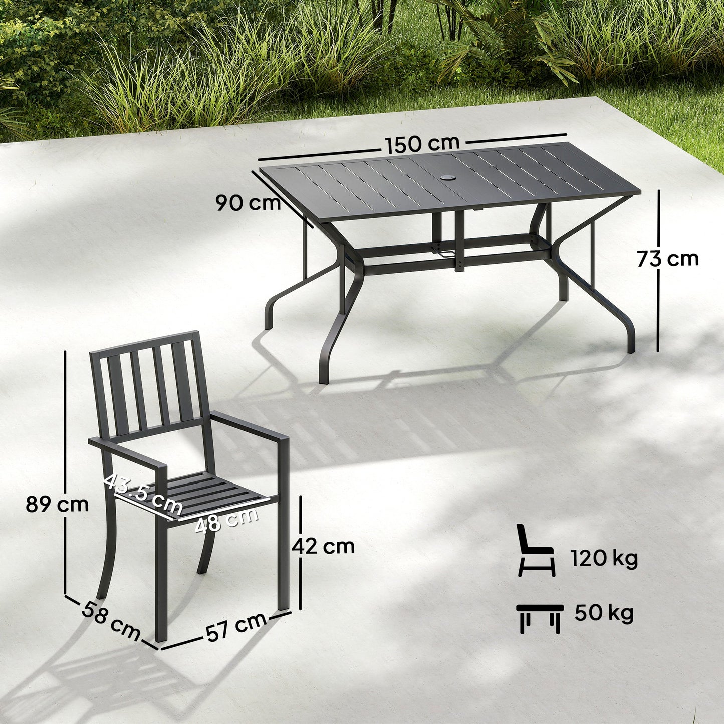 7 Pieces Garden Table and Chairs 6 Seater Outdoor Table and Chairs with Umbrella Hole, for Poolside, Garden, Black