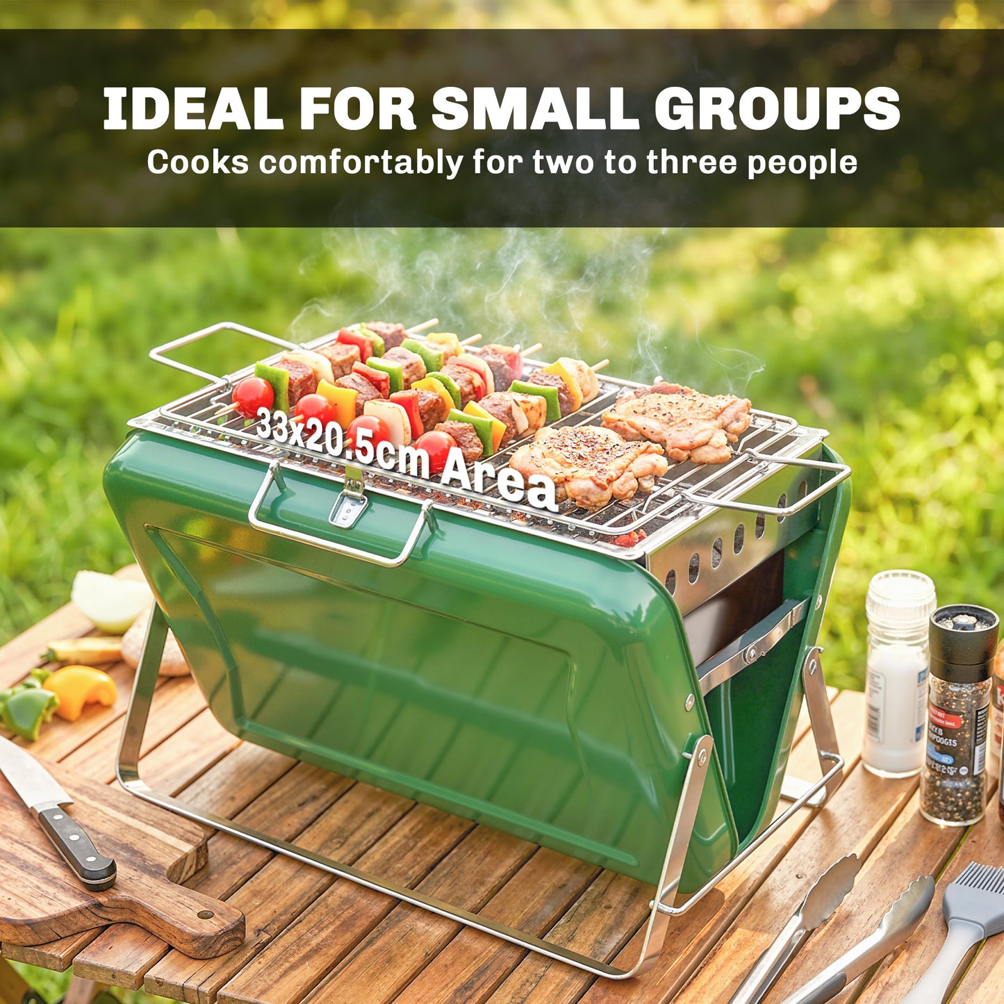 Charcoal BBQ Grill Portable Stainless Steel Barbecue with Tilting Grate for Camping Picnic Garden Dark Green