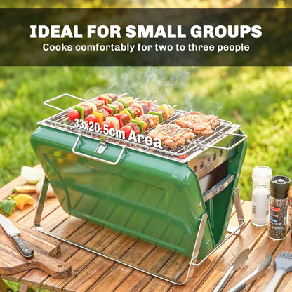 Charcoal BBQ Grill Portable Stainless Steel Barbecue with Tilting Grate for Camping Picnic Garden Dark Green