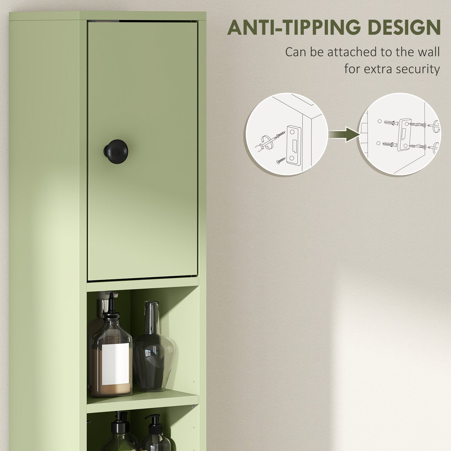 180cm Slim Bathroom Cabinet, with Drawer, Shelves and Cupboards - Green