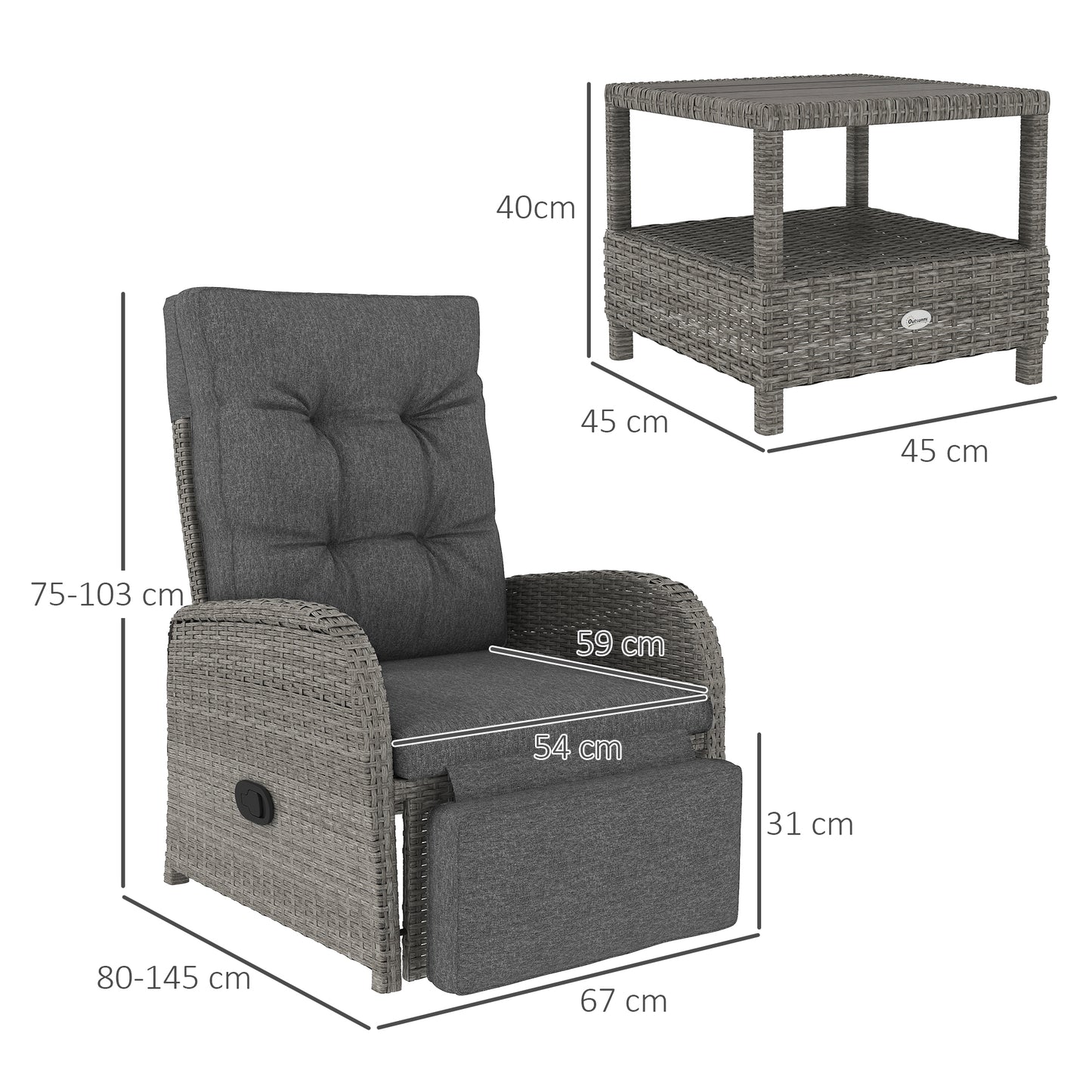 2 Seater Patio Rattan Wicker No Installation Chaise Lounge Sofa Set w/ Cushion for Patio Garden Porch, Grey