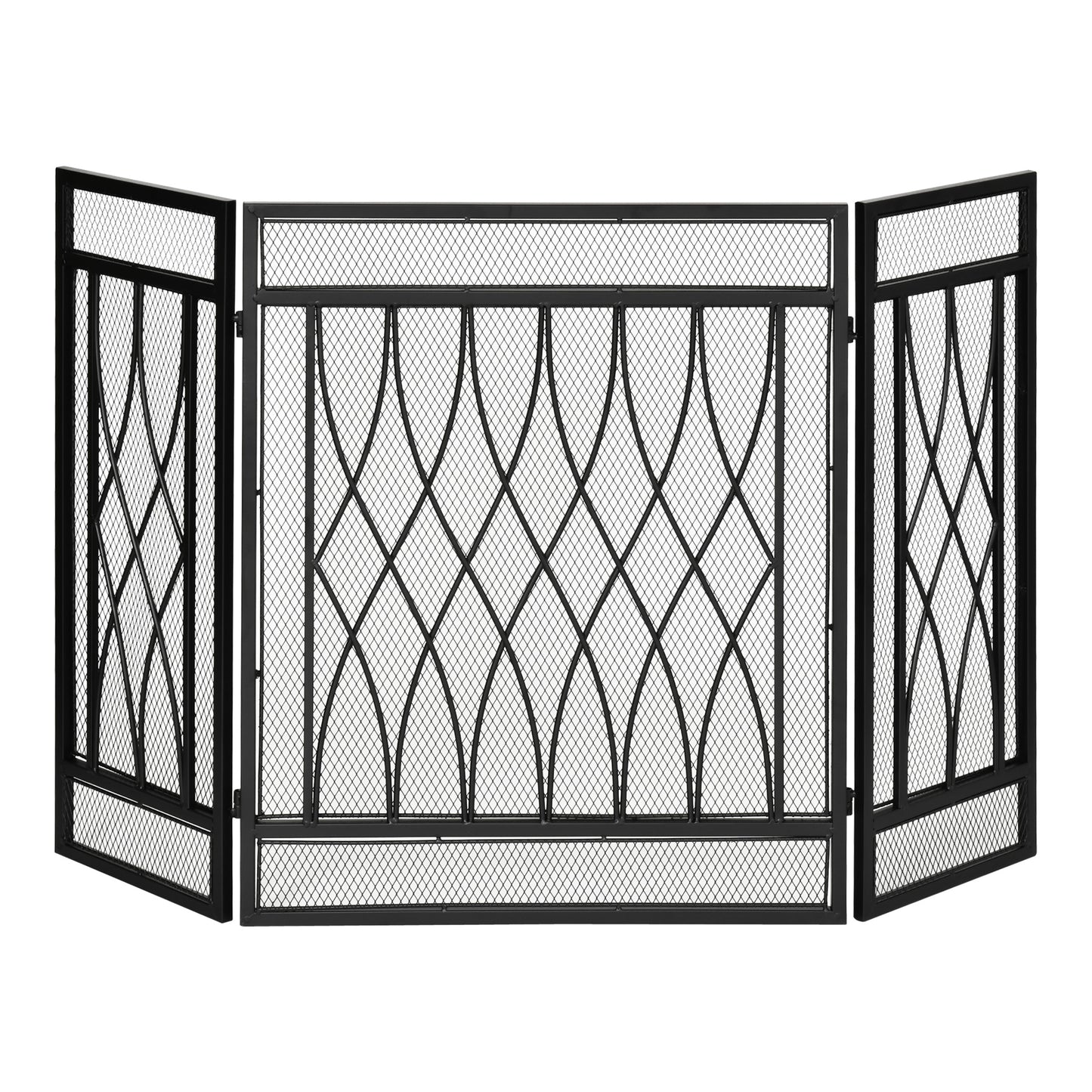 126cm 3-Panel Metal Folding Fireplace Screen Heat Flame Protective Guard Child Pet Home Spark Barrier Surround w/ Mesh Patter