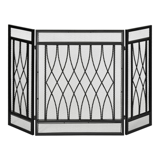 126cm 3-Panel Metal Folding Fireplace Screen Heat Flame Protective Guard Child Pet Home Spark Barrier Surround w/ Mesh Patter