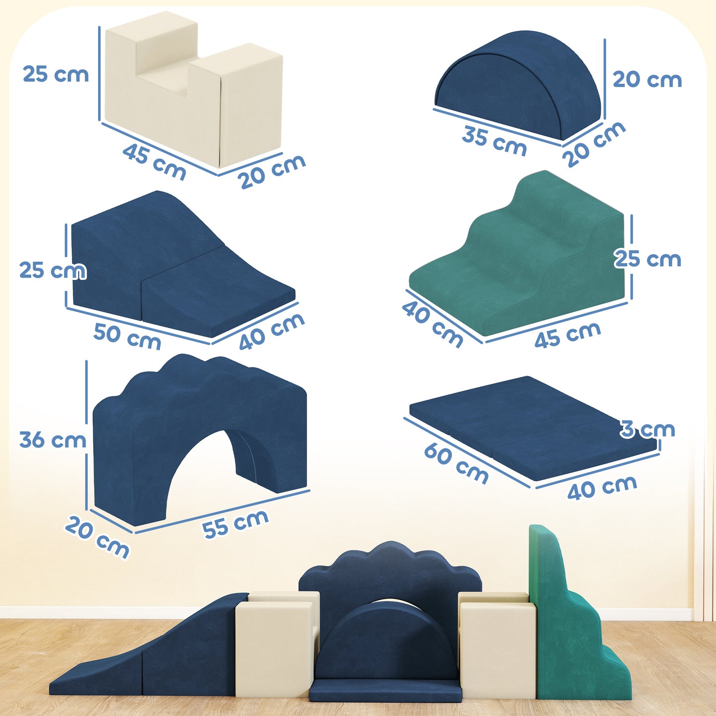 7 Piece Kids Soft Play Set with Detachable Cover, Baby Indoor Climb and Crawl Foam Toy for Toddlers, Dark Blue