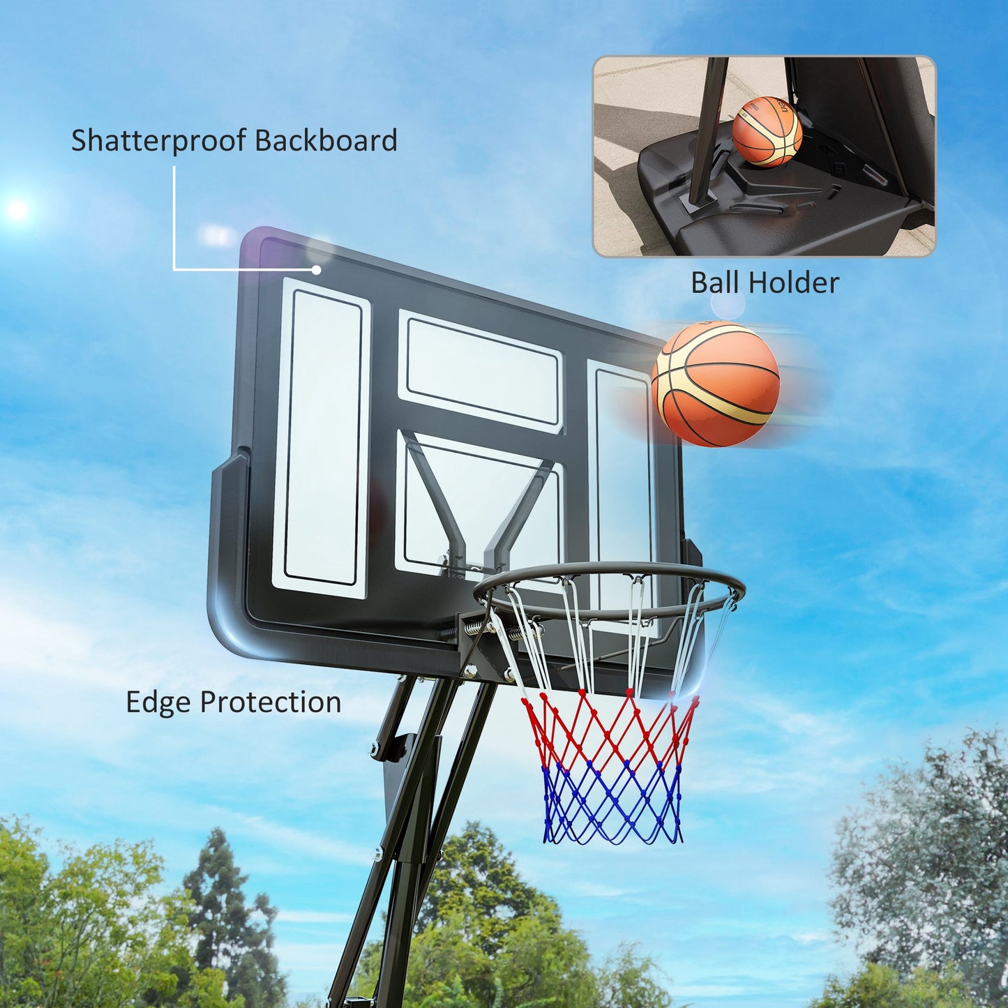 245-305cm Adjustable Basketball Hoop and Stand, with Wheels, Black