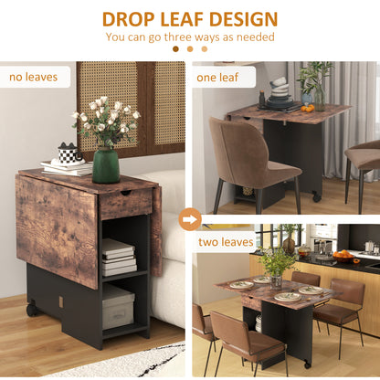 Folding Dining Table, Drop Leaf Table for Small Spaces, Foldable Table with Drawer and Storage Shelves for Kitchen
