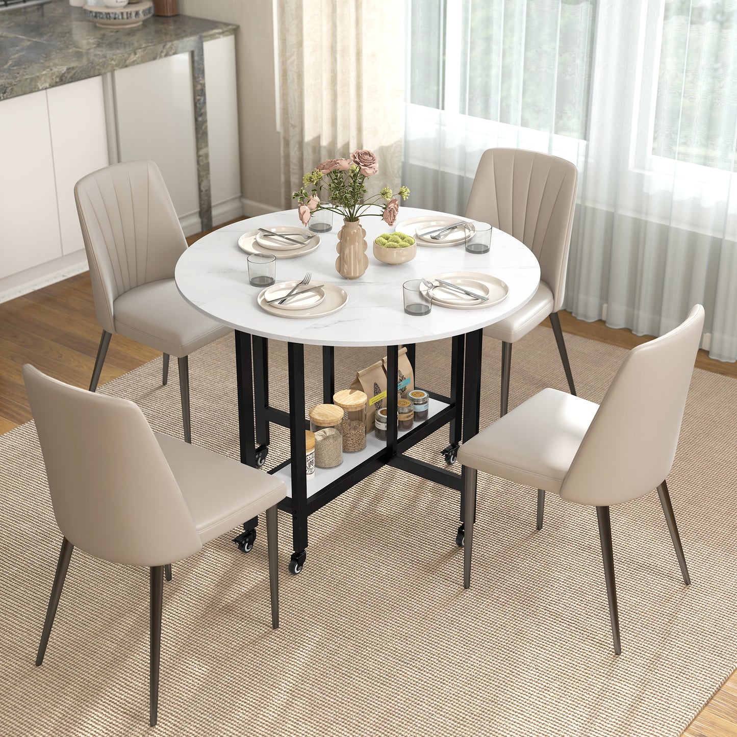 Folding Dining Table, Drop Leaf Table with Open Shelf, Rolling Kitchen Table for Dining Room, Small Spaces, White Marble