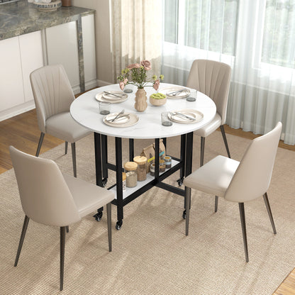 Folding Dining Table, Drop Leaf Table with Open Shelf, Rolling Kitchen Table for Dining Room, Small Spaces, White Marble