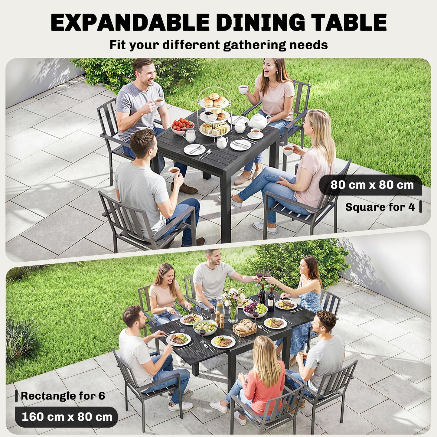 Extending Garden Table for 4-6, Aluminium Outdoor Dining Table with Faux Wood Slatted Top, Black