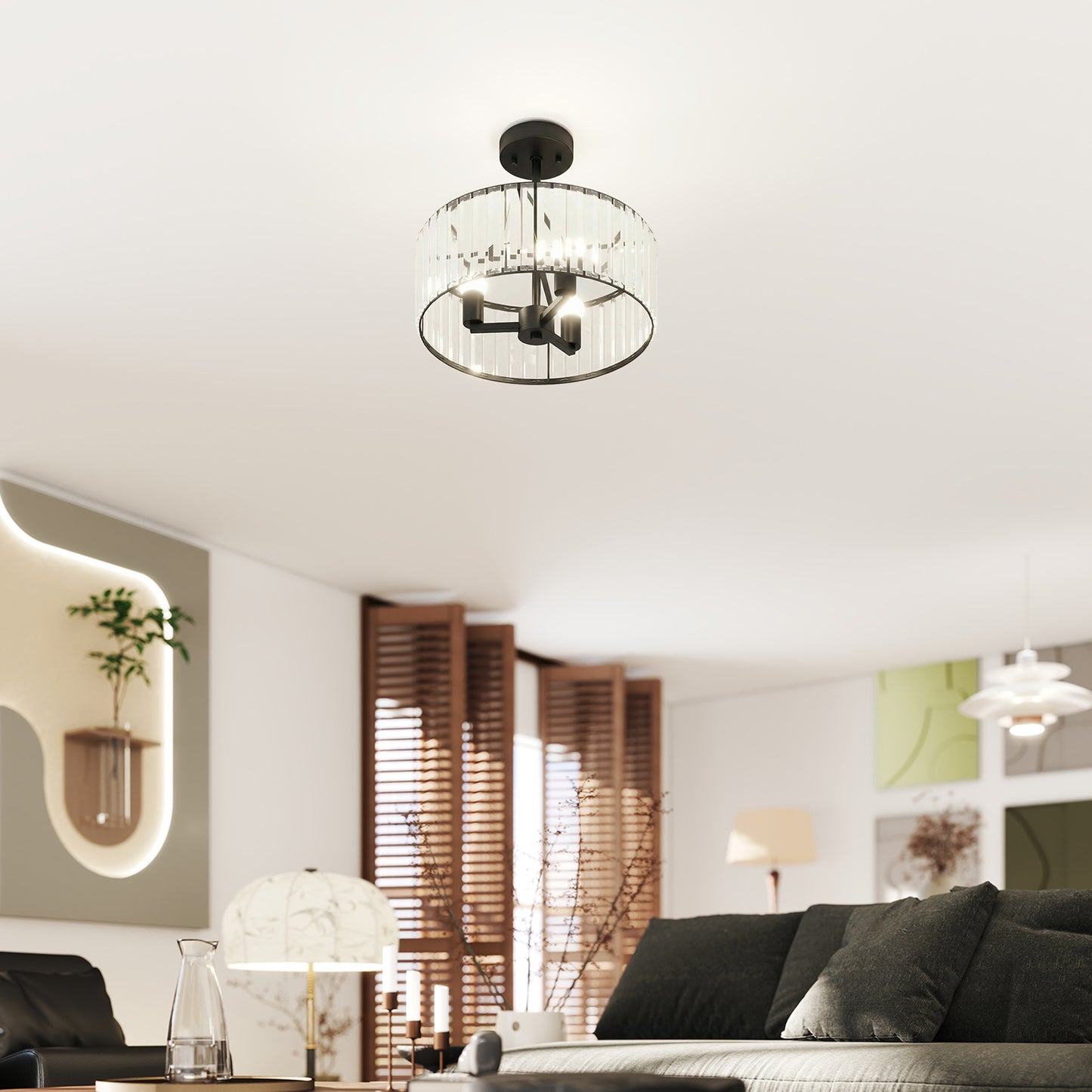 Crystal Ceiling Light, Semi Flush Mount Modern Crystal Chandelier Ceiling Light, E14 Base 3-Lights, Bulbs Not Included