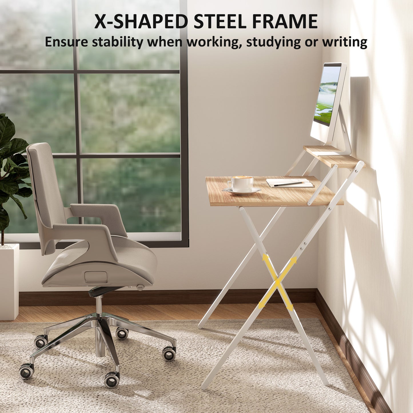 81.5 cm Folding Computer Desk with Monitor Shelf - Natural Wood Finish