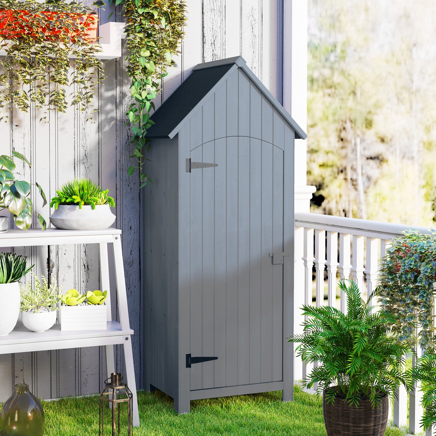 Wooden Garden Storage Shed with 3 Shelves, Outdoor Tool Storage Cabinet with Tilt Roof and Lockable Door