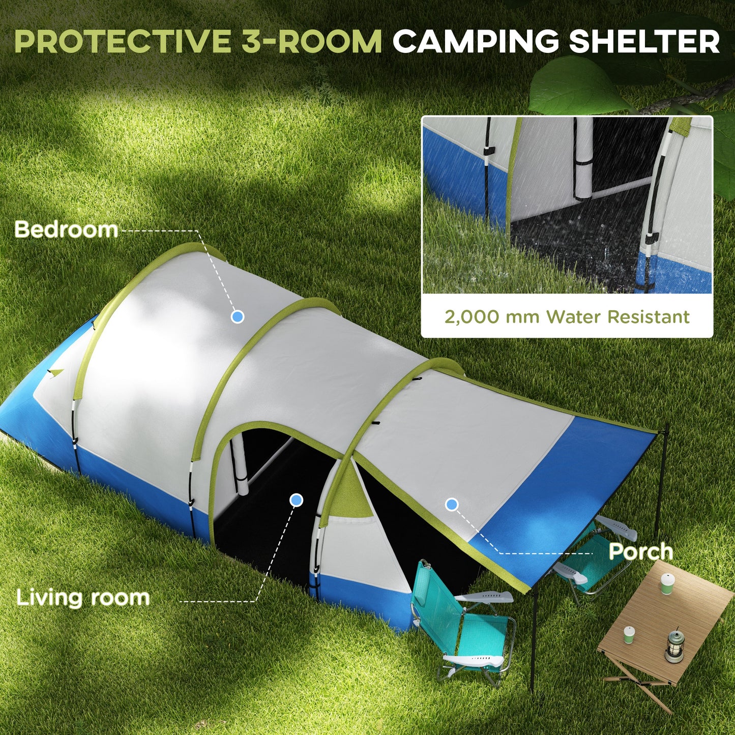 Two Man Two-Room Tent, with Porch and Accessories - Green